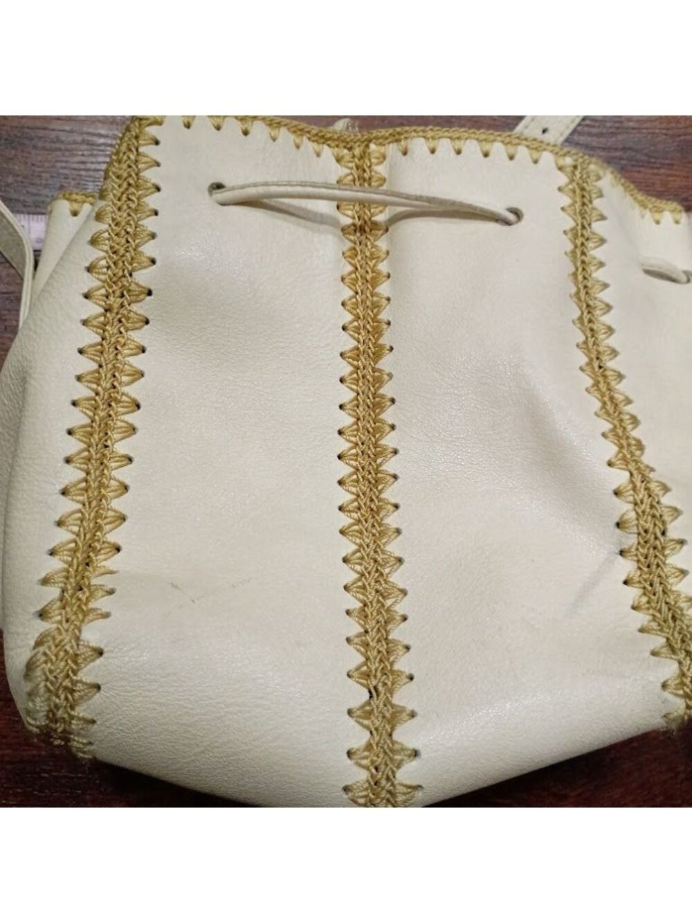 Nine West Vintage White Leather Drawstring Handbag With Braided Gold Stitching - Picture 16 of 16